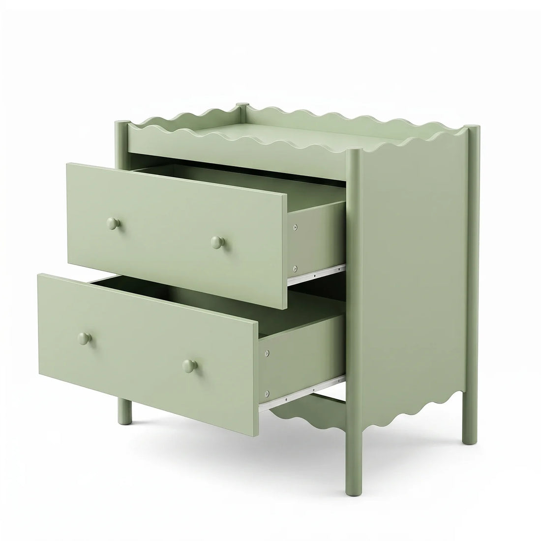 A sage green baby change table with two spacious drawers and a decorative scalloped trim along the top surface and base.