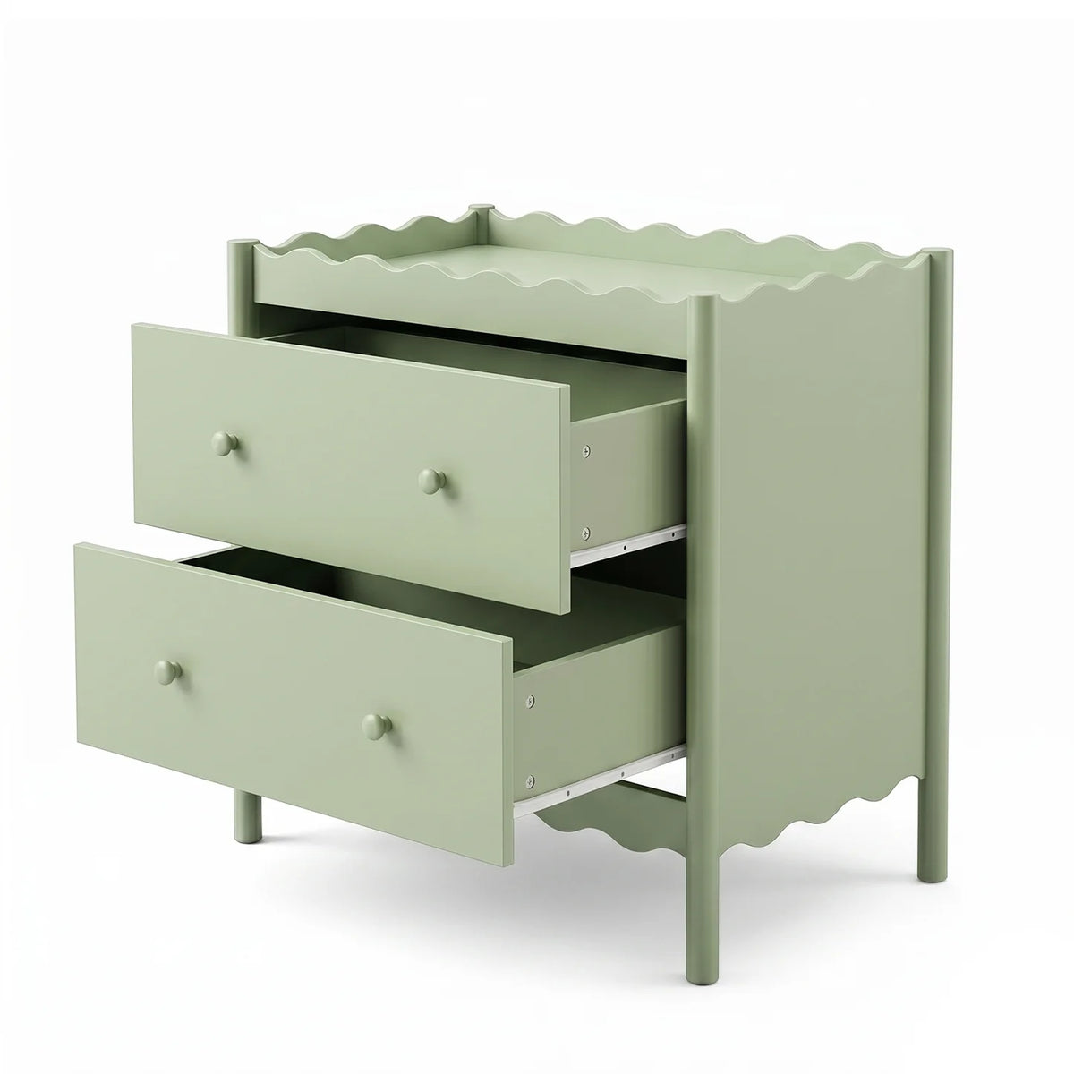 A sage green baby change table with two spacious drawers and a decorative scalloped trim along the top surface and base.
