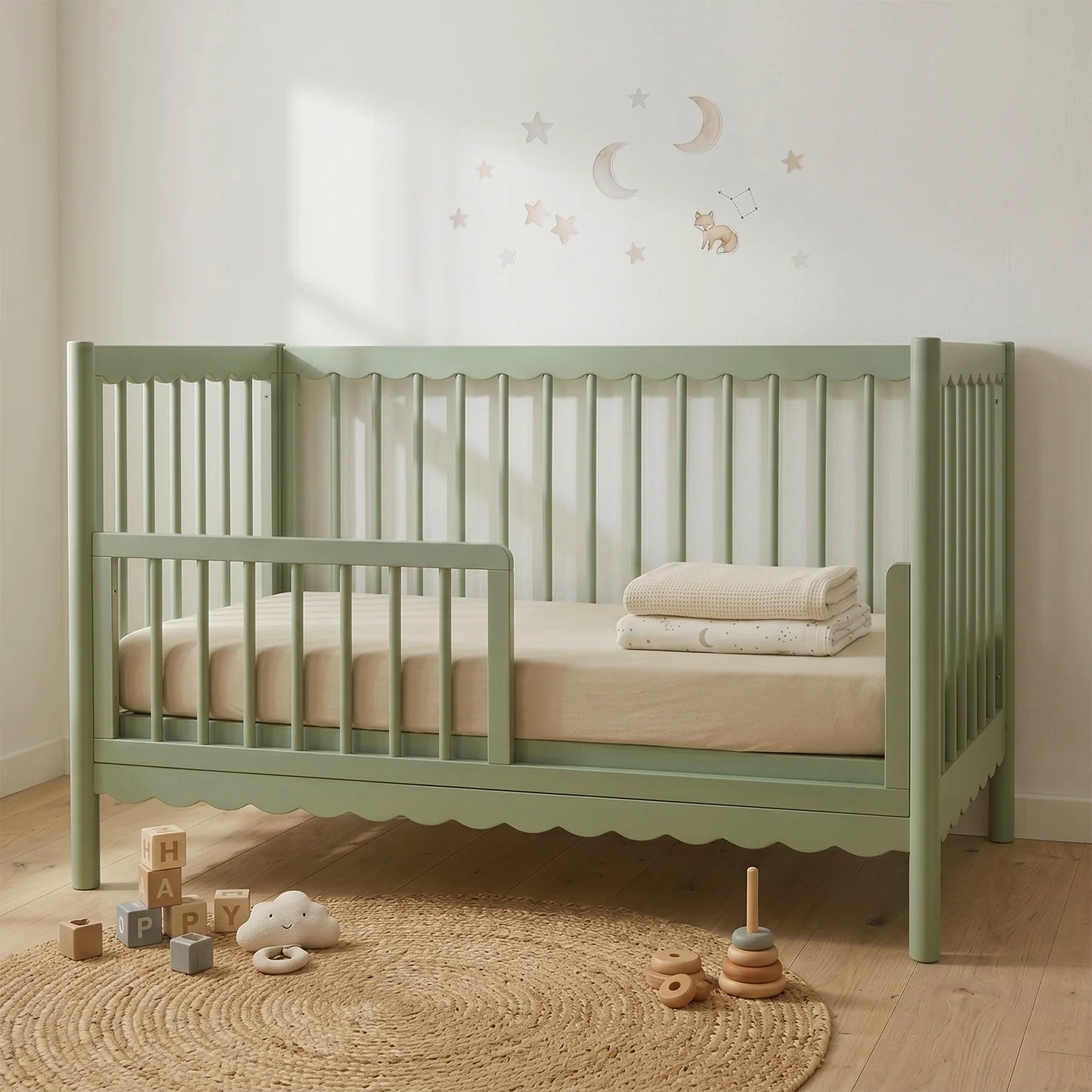 A sage green toddler bed featuring a decorative scalloped trim along the top and bottom rails, set in a neutral-toned nursery with a woven rug and baby toys.
