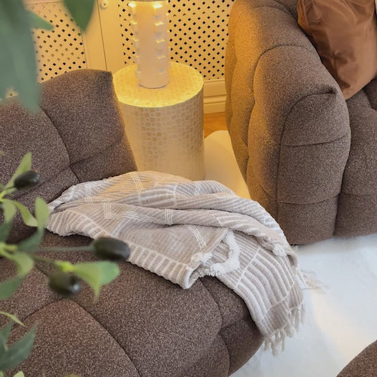 Norah 5 seater boucle sofa set with ottoman in cosy living room